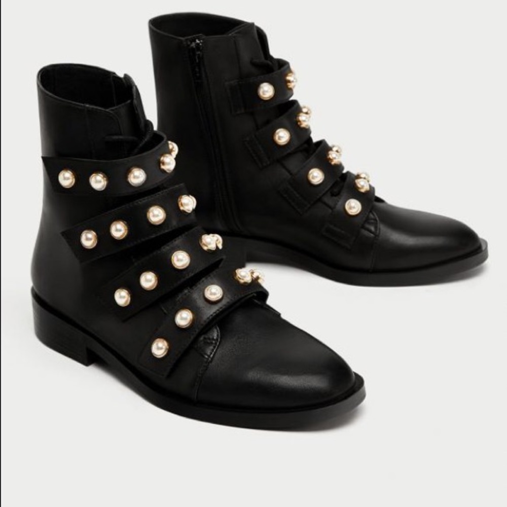 Zara leather ankle boots with pearls